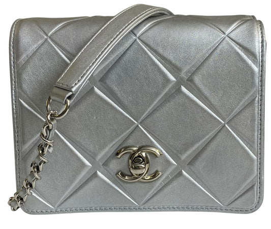 Chanel Airlines 16P Mini Propellor Metallic Calfskin Silver Flap Bag