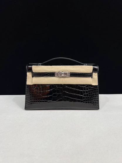 Hermes Kelly Pochette Black shiny Crocodile Leather with palladium hardware
