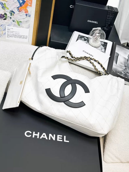 Chanel 26M black and white denim tote bag with double C logo