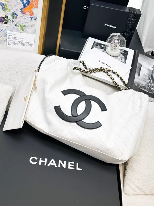 Chanel 26M black and white denim tote bag with double C logo