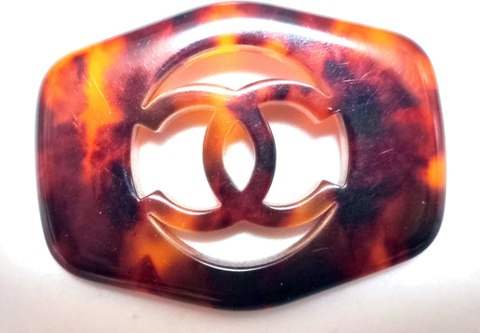 Chanel Vintage 97P Acrylic Tortoise Carved Quilted Hollow CC Logo Brooch