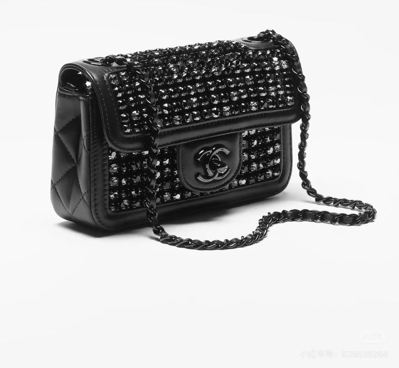 Chanel 24K Evening Bag Mini CF Black Gold Rhinestone Chain Bag