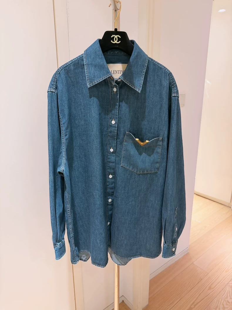 Valentino denim jacket with metal V logo shirt