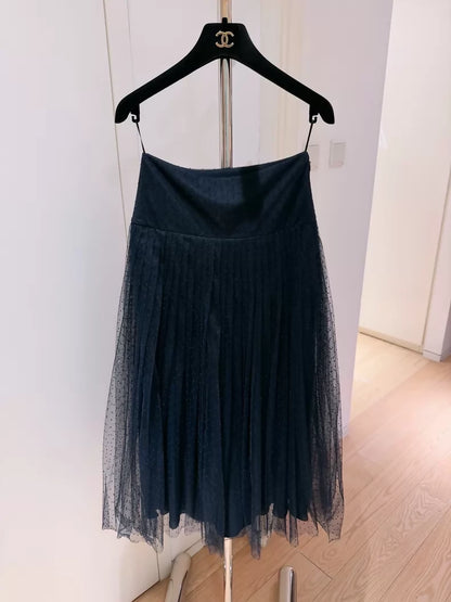 Christian Dior Navy Blue Organza Polka Dot Pleated Skirt