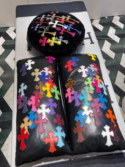 Chrome Hearts black pure leather cross-patterned leather throw pillows