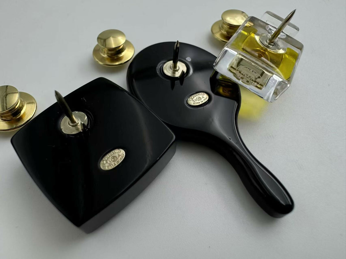 Chanel Vintage 04A Mirror Perfume Cosmetics Black Three Items Brooch