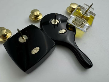 Chanel Vintage 04A Mirror Perfume Cosmetics Black Three Items Brooch