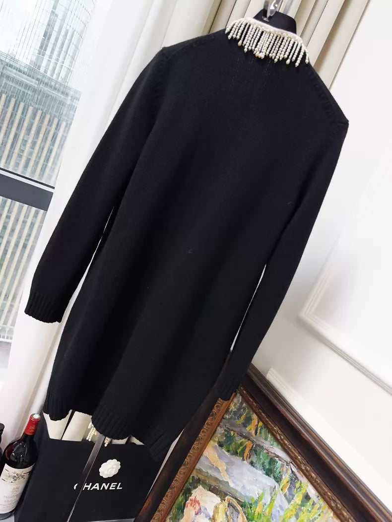 Chanel 21K pearl tassel and rhinestone black cashmere knit cardigan