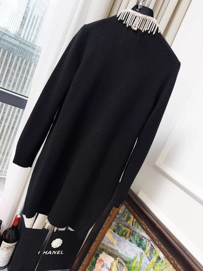 Chanel 21K pearl tassel and rhinestone black cashmere knit cardigan