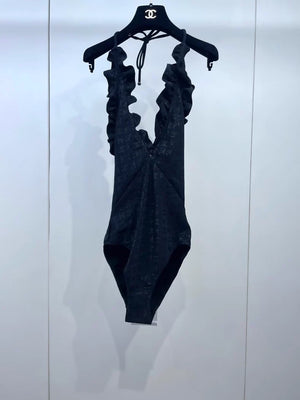 Chanel 23S Black All-Over Print Ruffled Swimsuit