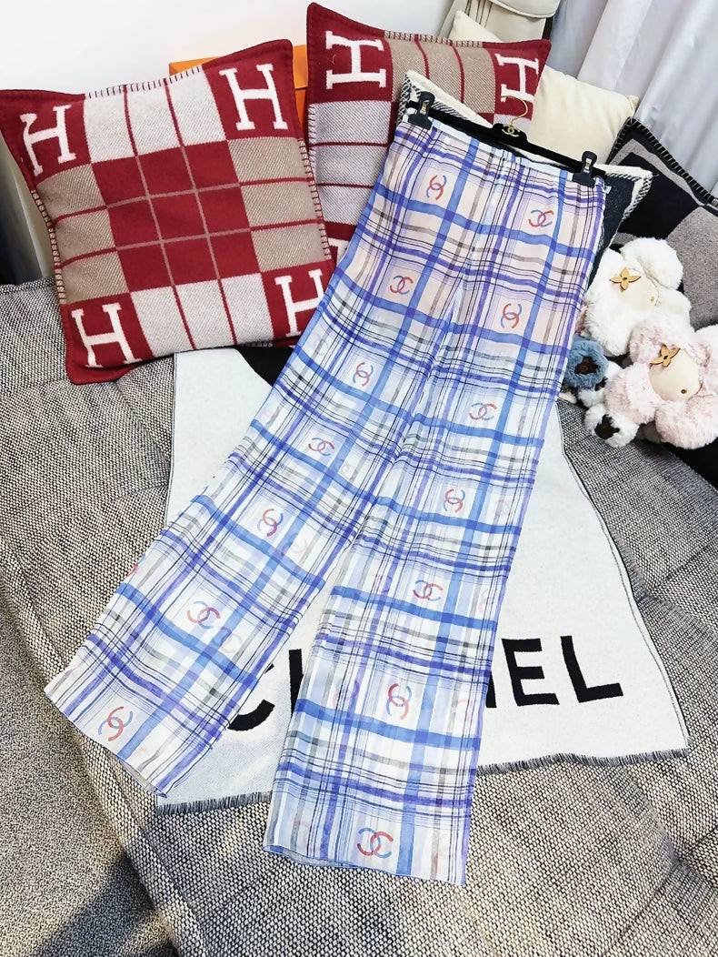 Chanel 23P Blue and White Silk CC Logo Pants