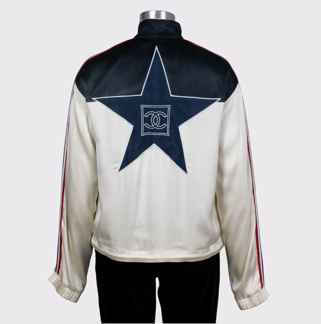 Chanel 2002 Spring/Summer Vintage Cream CC Logo Star Bomber Jacket