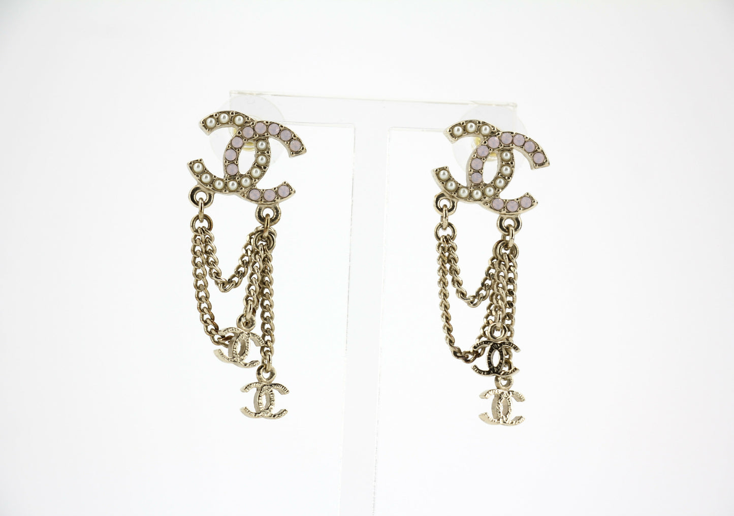 Chanel A13P Rhinestone Imitation Pearl Pink Pendant Stud Earrings