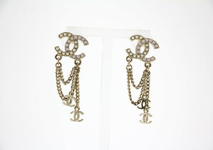Chanel A13P Rhinestone Imitation Pearl Pink Pendant Stud Earrings