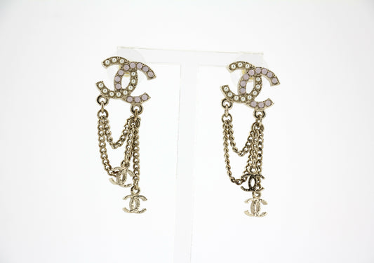 Chanel A13P Rhinestone Imitation Pearl Pink Pendant Stud Earrings