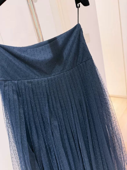 Christian Dior Navy Blue Organza Polka Dot Pleated Skirt