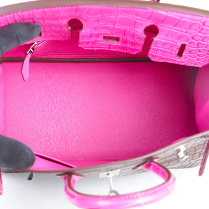 HERMÈS Birkin 25 Rouge Sellier Rose Shocking Matte Alligator Palladium hardware