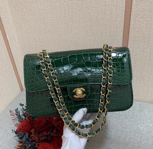 Chanel dark green alligator leather gold hardware medium flap bag