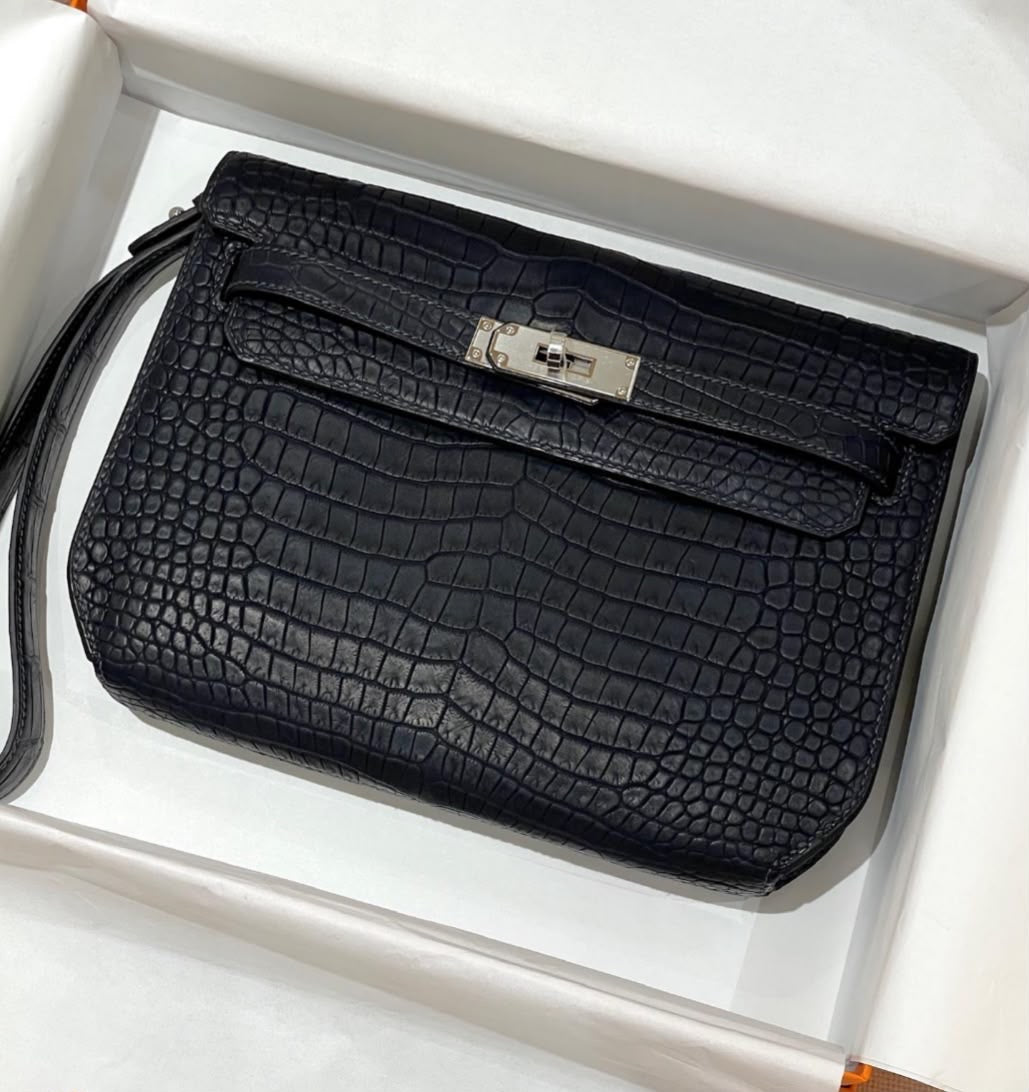 Hermes Kelly Depeches Bleu Indigo Matte Jungle Porosus Palladium Hardware