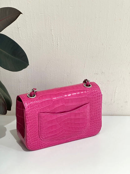 Chanel pink Alligator leather mini flap silver hardware