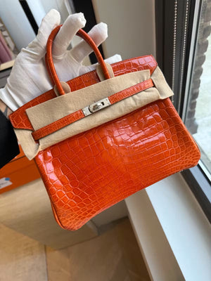 Hermes Birkin 25 Orange Shiny croc Leather Palladium Hardware