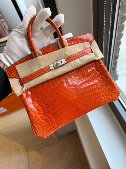 Hermes Birkin 25 Orange Shiny croc Leather Palladium Hardware