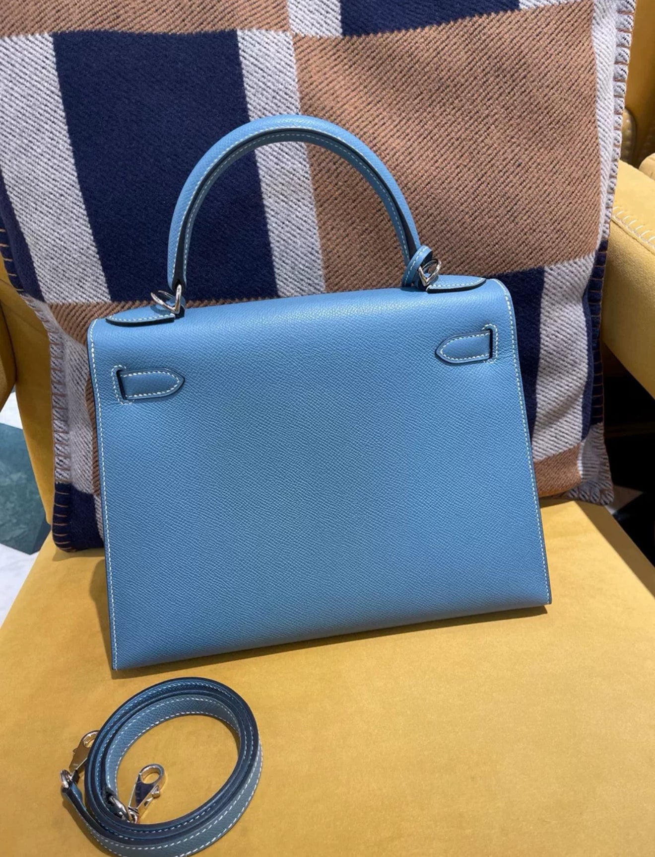 Hermes Kelly 28 Blue Denim Epsom Leather Palladium Hardware