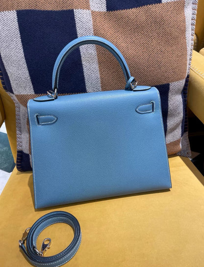 Hermes Kelly 28 Blue Denim Epsom Leather Palladium Hardware