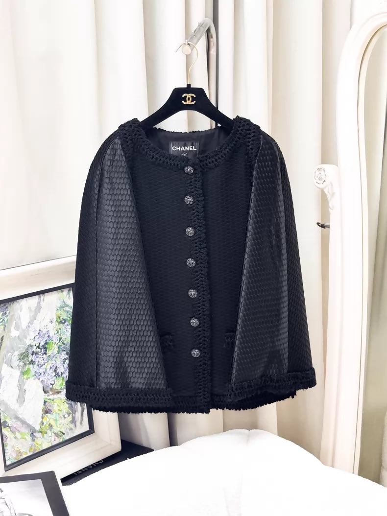 Chanel 16C Black Mesh Shoulder Cape coat