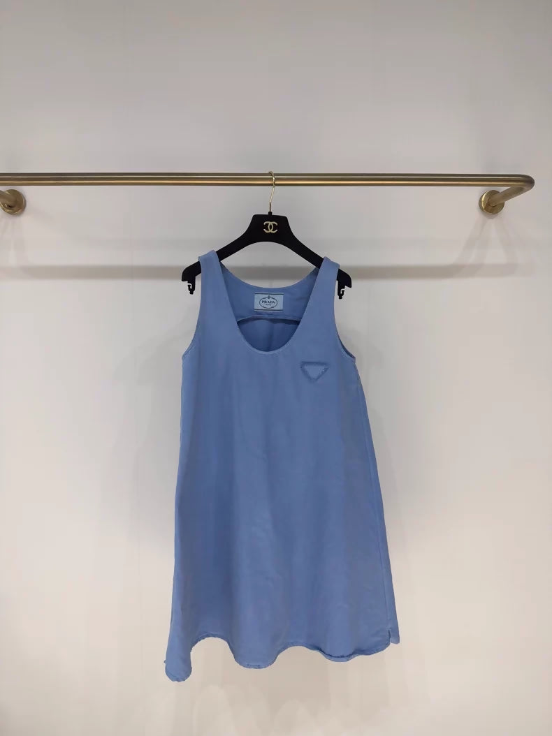 Prada distressed washed blue denim dress with triangle logo