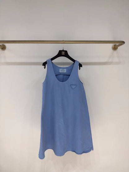 Prada distressed washed blue denim dress with triangle logo