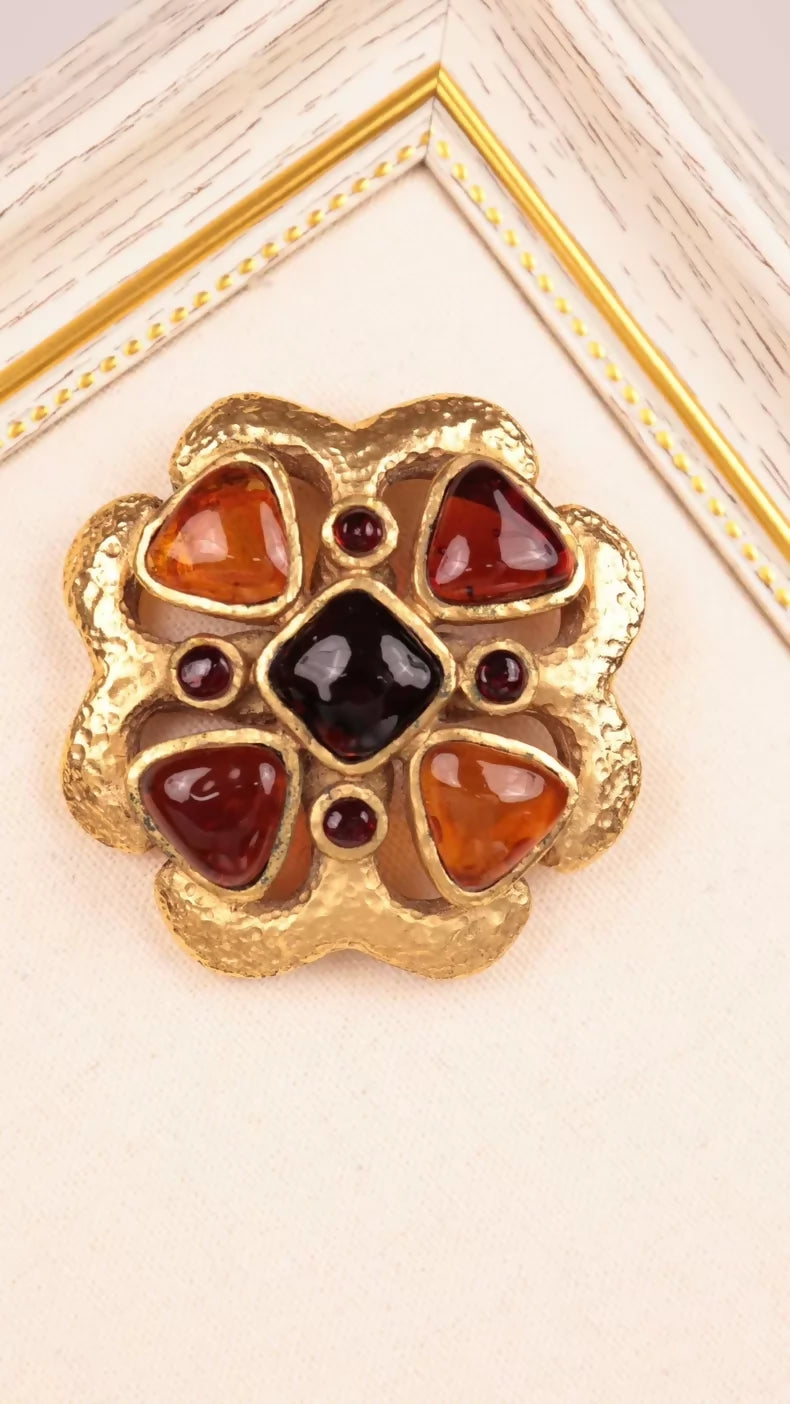 Chanel 1994 Red Orange Glass Four-Leaf Clover Brooch