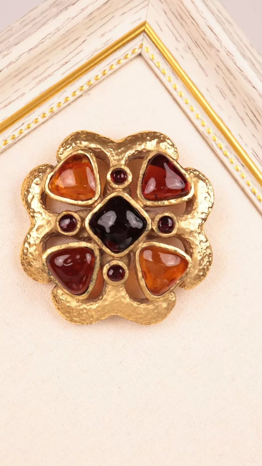 Chanel 1994 Red Orange Glass Four-Leaf Clover Brooch
