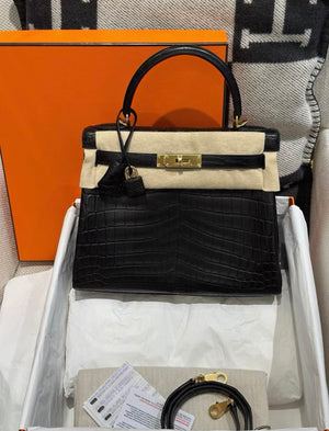 Hermes Kelly 28 black matte crocodile leather gold hardware