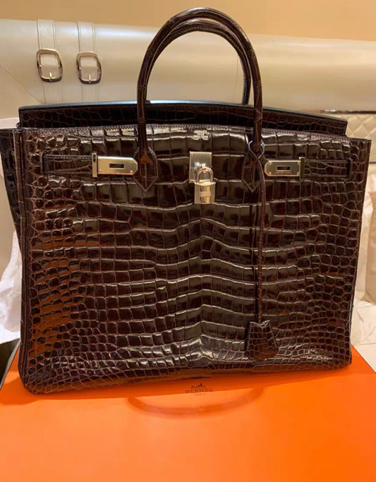 Hermes Birkin 50 Travel Bag Brown shiny Porosus Crocodile Gold Hardware