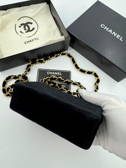 Chanel vintage Black velvet mini square flap bag with gold hardware