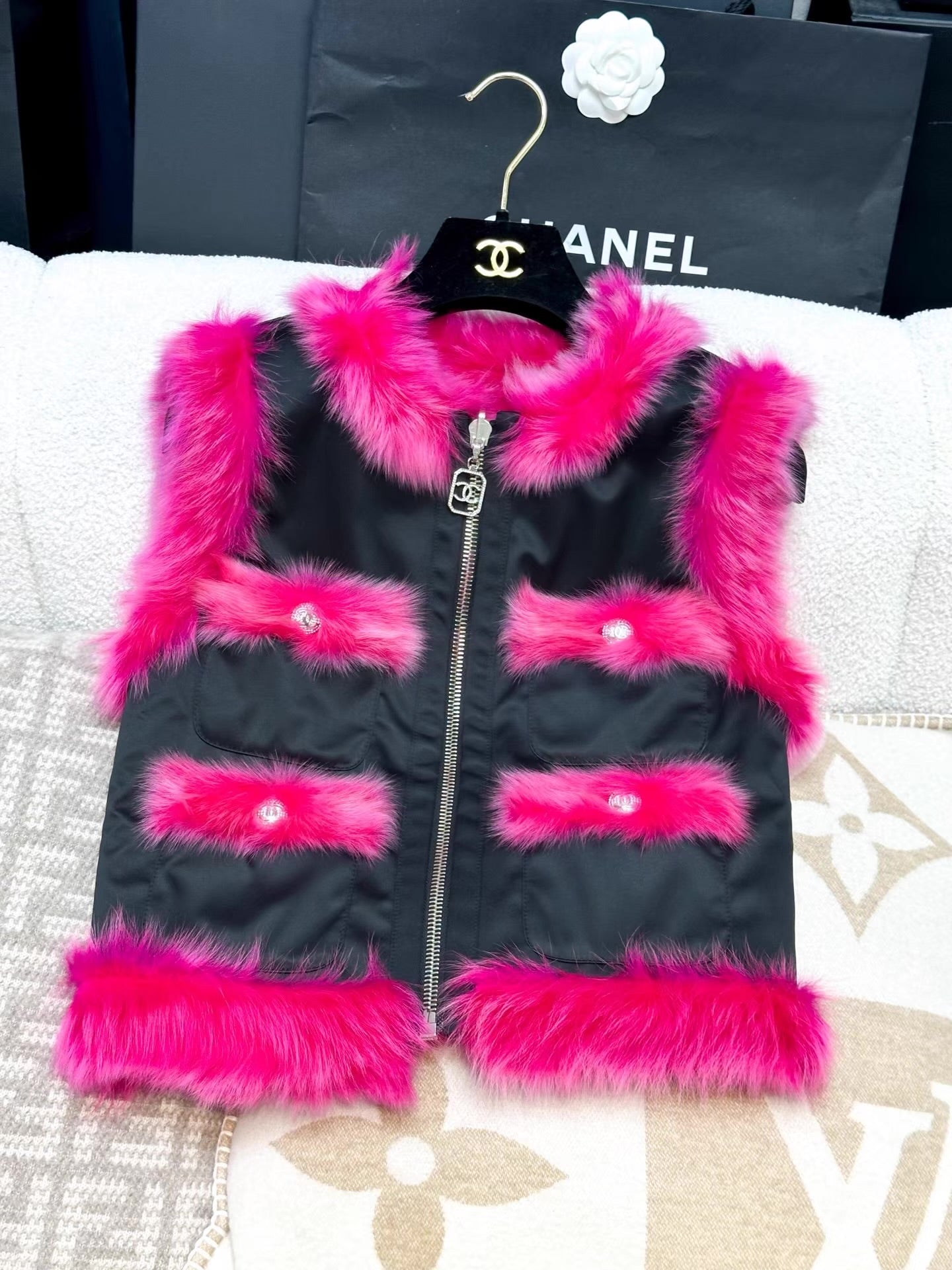 Chanel 23N fuchsia & black reversible shearling vest
