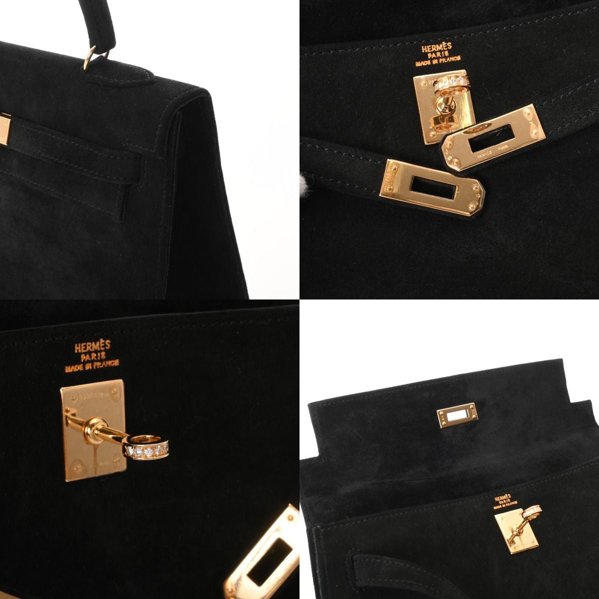 Hermes Kelly 25 Doblis black suede leather gold diamonds hardware