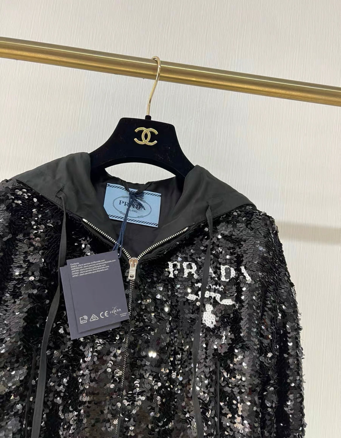 PRADA SEQUIN-EMBELLISHED CHIFFON HOODIE Size 36