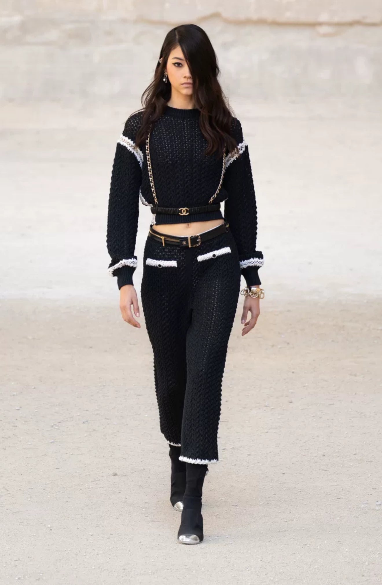 Chanel 22C Black Leather suspenders with Gold Hardware Chain