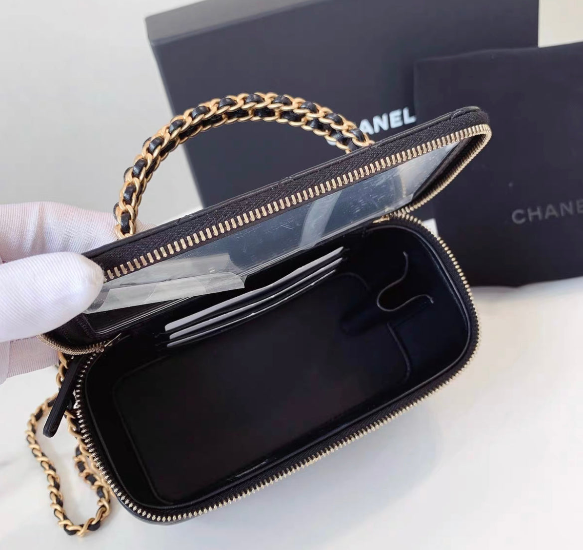 Chanel Mini Vanity Top Handle Case Black Lambskin Brushed Gold Hardware