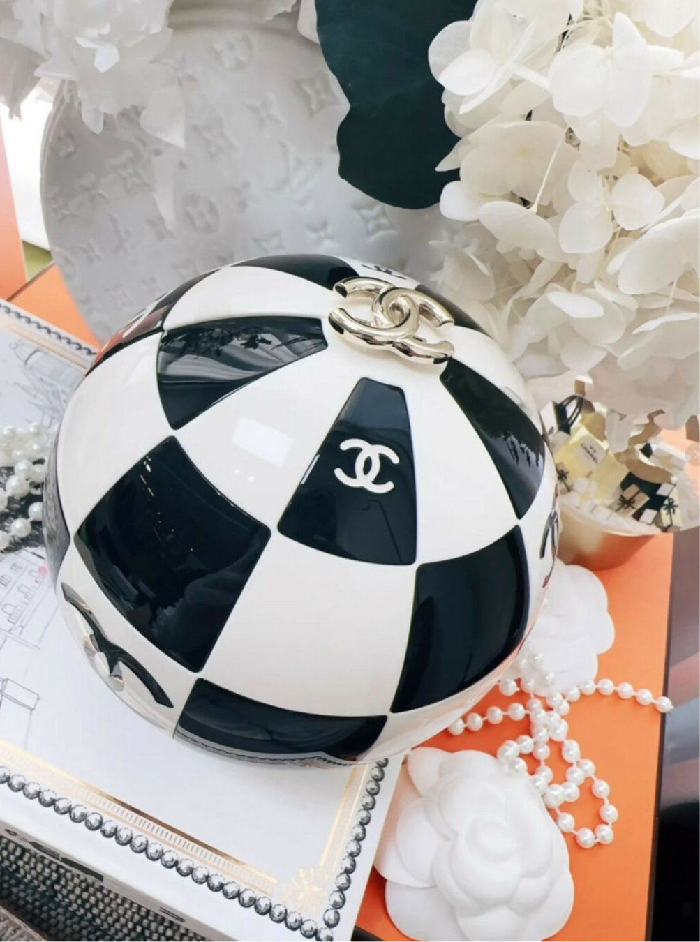 Chanel 23C Black and White Resin and Enamel Checker Sphere Minaudiere Pale Gold Hardware