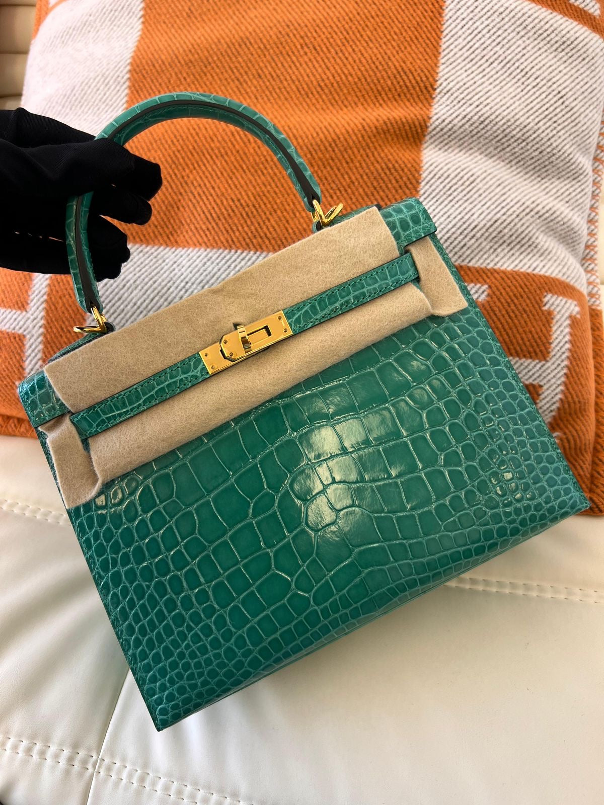 Hermes Kelly 25 Vert Jade Shiny Alligator Gold hardware