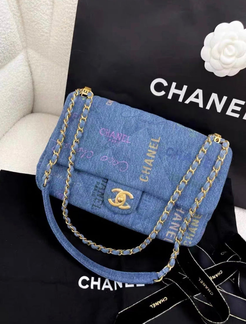 CHANEL 22P SM Quilted Print Blue Denim Jean Imprime Flap Handbag Chain