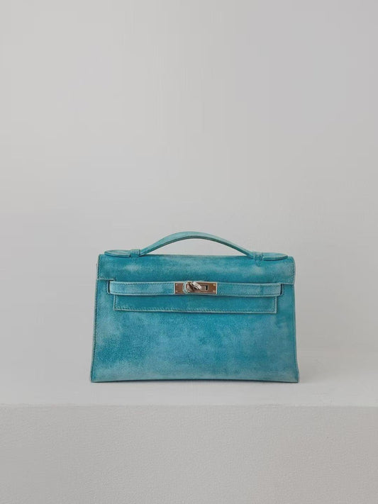 Hermes Kelly Pochette Bleu Atoll Doblis Palladium Hardware