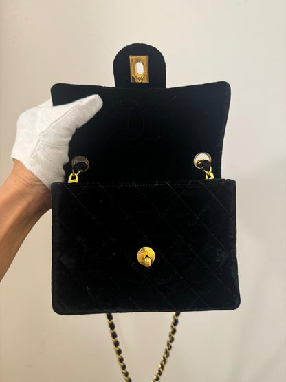 Chanel Vintage Mini Velvet Flap bag Black gold hardware