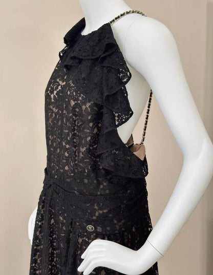 Chanel black lace evening dress