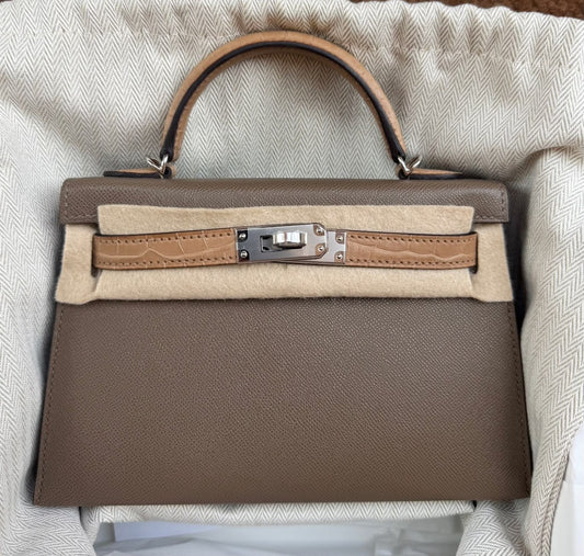 Hermes Mini Kelly 20 touch in etoupe Madame / chai matte alligator palladium hardware