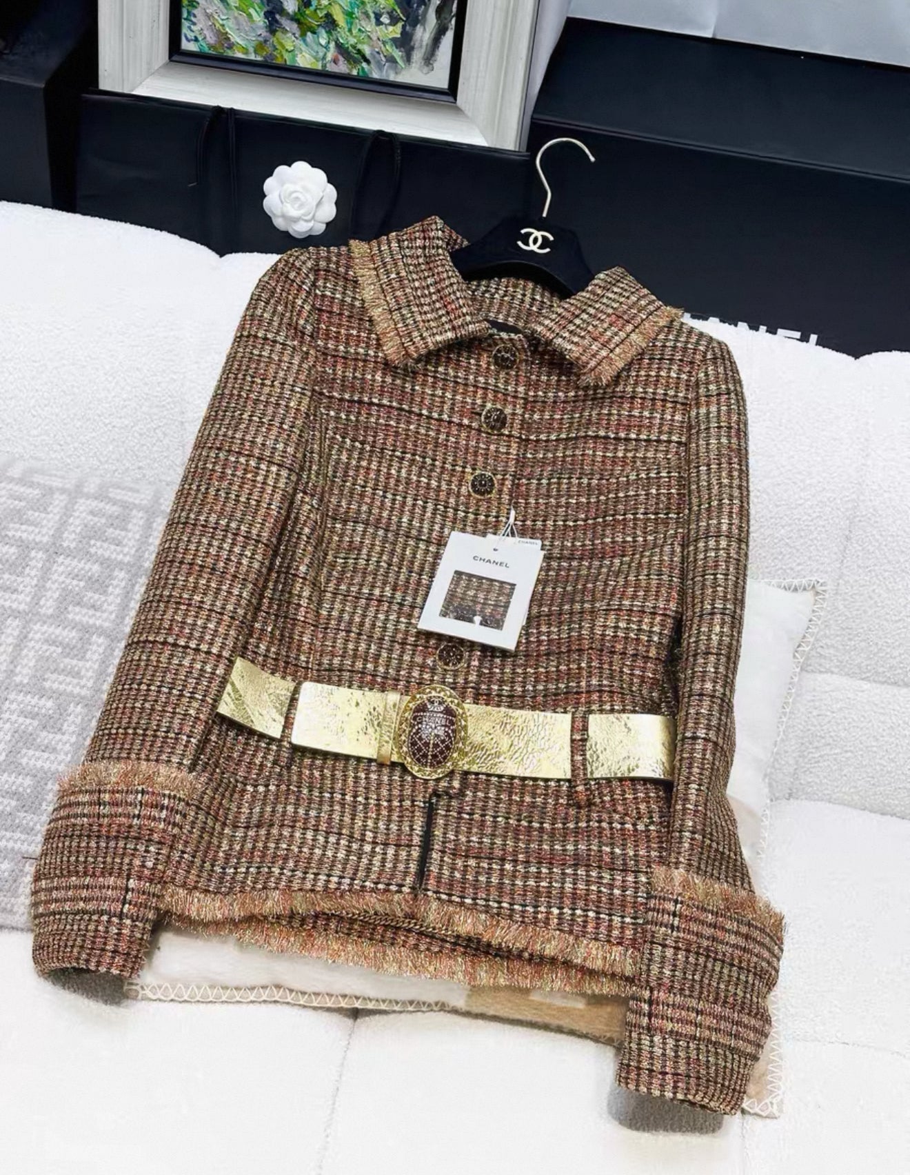 Chanel 19A Gold/Red/Black Tweed Jacket with Golden Beetle Belt