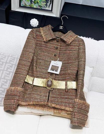 Chanel 19A Gold/Red/Black Tweed Jacket with Golden Beetle Belt